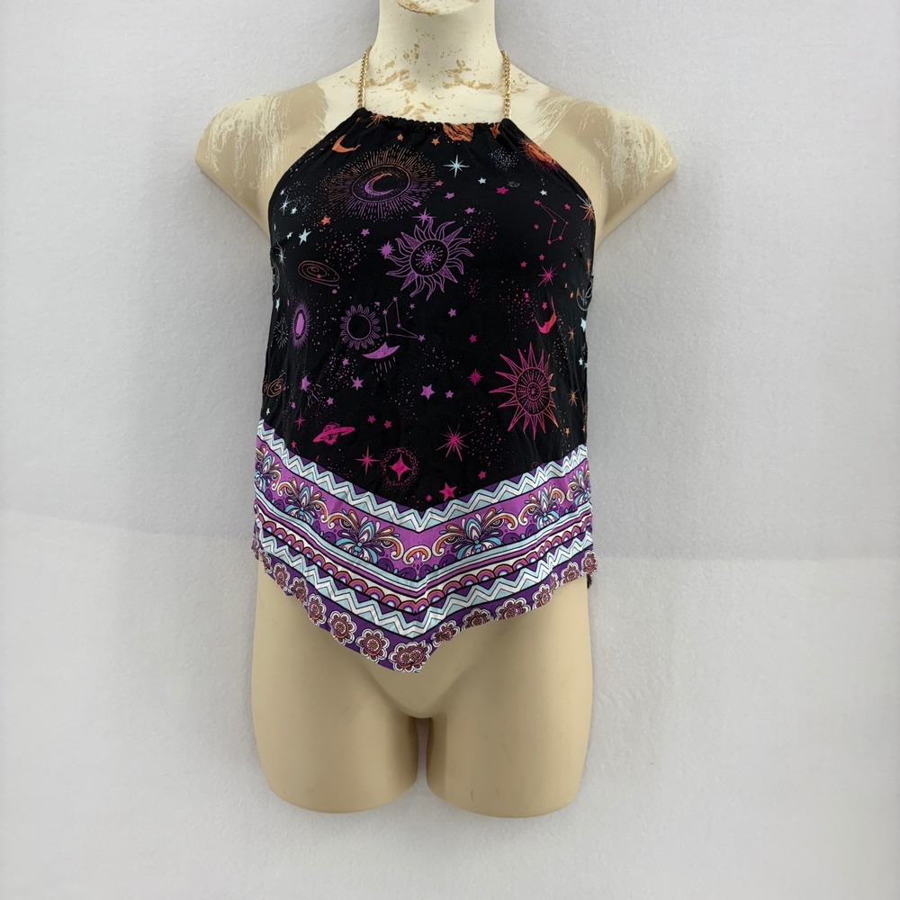 No Boundaries Halter Bandanna Top Celestial Print‎ Chain Strap XS
